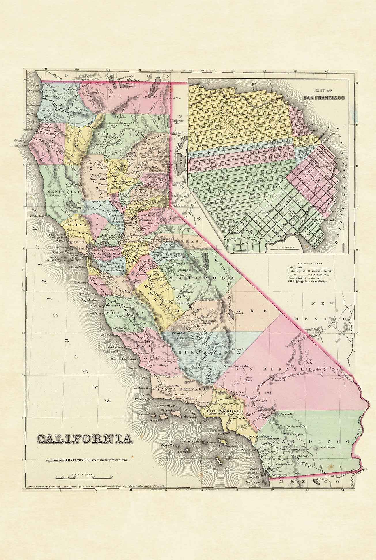 1856 California Cartography Print - Vintage Map with County Divisions and San Francisco Inset - Strategy Maps